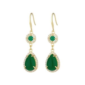 Vintage gold water drop earrings with dark green stones and white cubic zirconia accents
