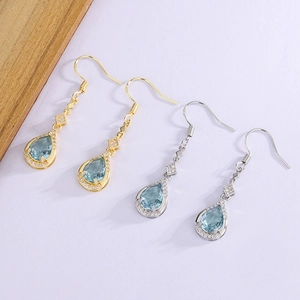 Detailed view of teardrop aquamarine zircon earrings in gold and silver plating