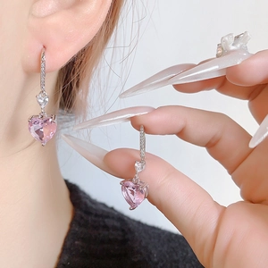 Elegant heart-shaped pink crystal earrings with sparkling rhinestone drop ear hooks