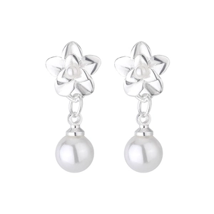 Detail view of flower-shaped stud earrings with pearls and silver-tone metal finish