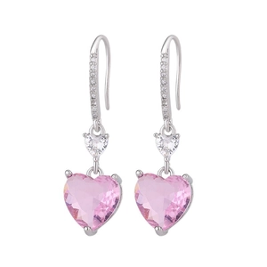 Pink heart dangle earrings with crystal stones and silver hooks for women