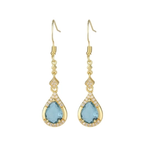 Elegant gold drop earrings featuring pear-cut blue crystals and micro-pave accents