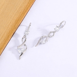 Elegant S925 silver long drop earrings with twisted knot design and white round crystals