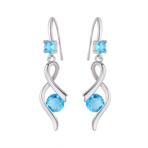 Elegant silver heart earrings with sky blue round gemstones in a sleek wavy design