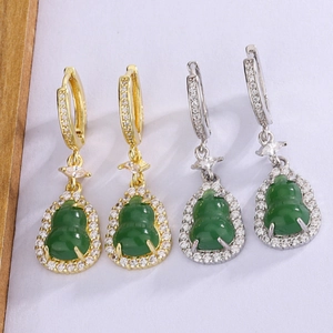 Hulu Gourd Drop Earrings Vintage Chinese Style Green Chalcedony Zircon Inlaid Copper With Silver Earring Post Jewelry Women