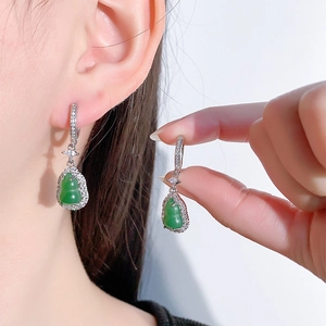 Green chalcedony gourd drop earrings with silver base and sparkling cubic zirconia stones