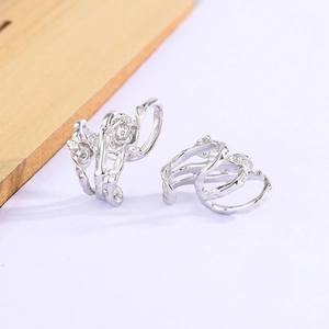 French vintage thorn rose silver ear clips with intricate floral vine hollow design