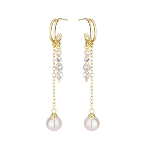Elegant long tassel pearl earrings with zircon crystals in a golden dangle finish