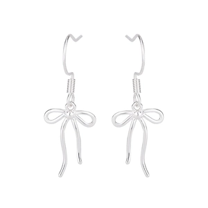 Elegant silver bow ribbon tassel earrings with minimalist metal design and ear hook style