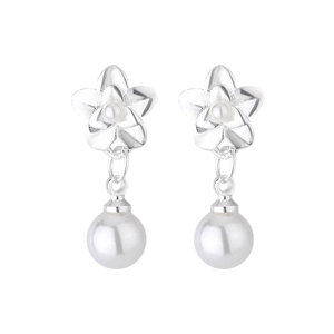 Elegant flower pearl drop earrings in silver metal with polished finish on white background