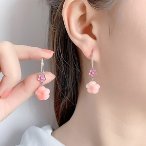 Elegant peach blossom gradient earrings with pink resin petals and zircon hooks for women