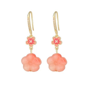 Elegant peach blossom dangle earrings with pink gradient petals and golden hooks
