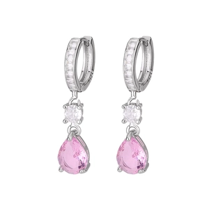 Detail of S925 sterling silver hoop earrings with pink teardrop zircon and clear stones