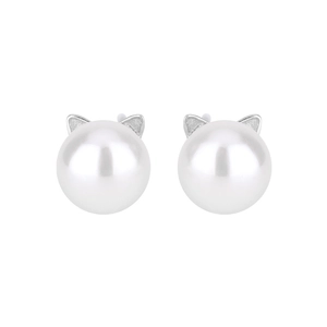 Cute cat-ear pearl stud earrings for women with minimalist silver-tone cat design