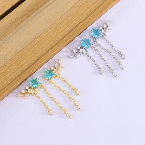 Blue Star Long Tassel Dangle Earrings Copper With Marquise Zircon Leaf Accents Elegant Starry Night Style For Women