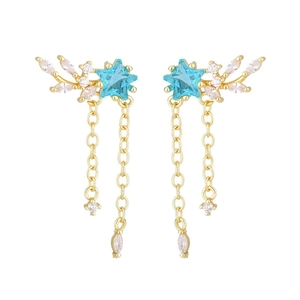 S925 silver gold star earrings with blue cubic zirconia and long fringe tassels