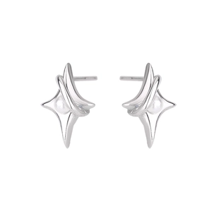 Detail of S925 silver star earrings with a central pearl and layered metallic design