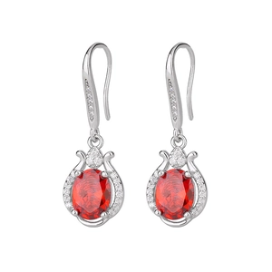 Luxurious silver drop earrings with oval red zircon and sparkling micro-pave crystals