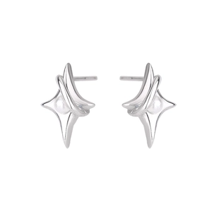 Minimalist S925 silver star stud earrings with round white pearls on white background