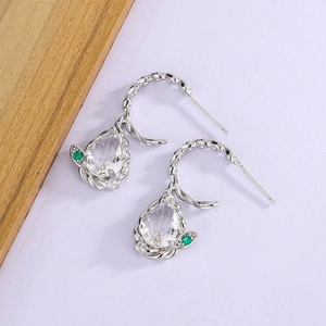 Silver drop earrings with pear-shaped zircon and green stone on textured base