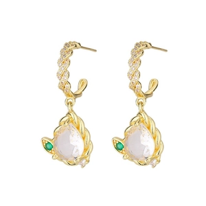 Golden teardrop earrings with colorful zircon stones and braided metal texture detail