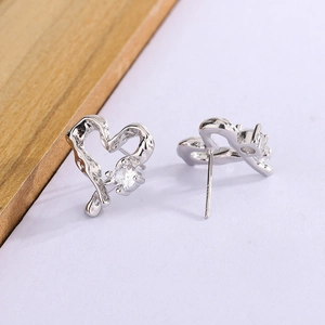 S925 sterling silver hollow heart stud earrings with sparkling round cubic zirconia