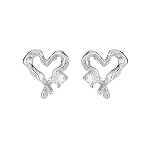 Irregular hollow heart stud earrings with silver plating and sparkling white zircon accents