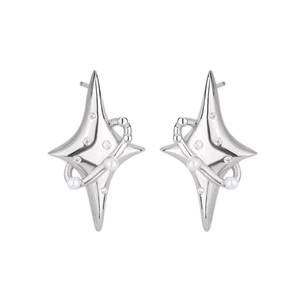 Star-shaped silver stud earrings with pearls and zircon stones in a planetary design