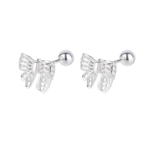 Macro view of bow-shaped stud earrings with mesh hollow design and secure screw-back ball