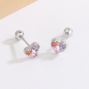 Detailed shot of S925 silver heart stud earrings featuring colorful cubic zirconia stones