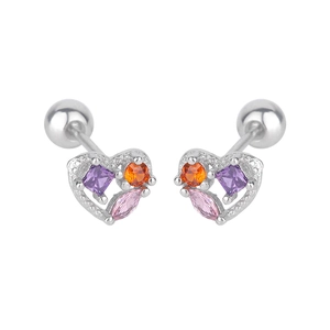 Macro view of heart earrings with colorful cubic zirconia and secure screw back clasp