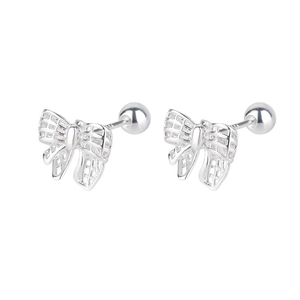 Hollow lace bow stud earrings in S925 sterling silver with screw ball back closure