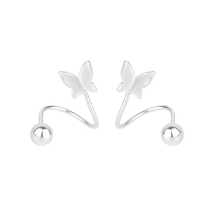 Macro view of silver butterfly stud earrings with spiral twist and ball end design