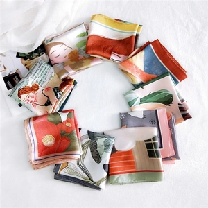 Silk-like square scarves with floral and art prints for elegant women accessories