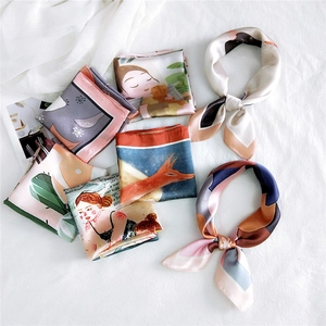 Women Square Satin Like Scarf Artistic Illustration Print Satin Neck Handkerchief Bandana Headband Hair Bag Accessory