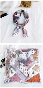 Detail of square silk scarf showing hand-painted European town architectural art print