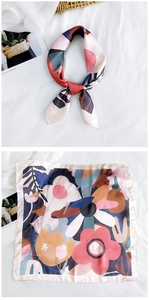 Detail of 53cm silk-like scarf with Morandi abstract floral print and machine hemmed edges