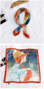 Detail of square silk scarf showing a girl in fox hat illustration and starry night sky