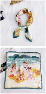 Detail of square silk scarf featuring a tropical beach picnic print and teal rolled edges