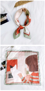 Detail of silk square scarf featuring an illustrated girl and cat in retro colors