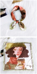 Detail showing hand-drawn girl and coffee illustration on a square silk-like neck scarf