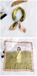 Detailed close-up of square silk scarf with nature illustration and digital printing