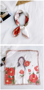 Detail of square silk scarf showing artistic girl and camellia floral digital print