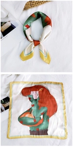 Detailed view of square silk scarf with illustration of girl holding a pumpkin