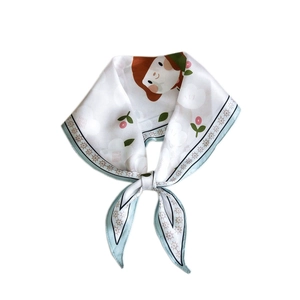 Rhombic silk scarf featuring a cute cartoon girl and floral print with blue borders
