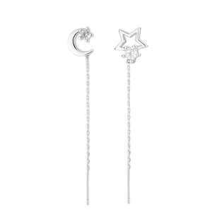 Close-up of asymmetric star and moon long tassel threader earrings with cubic zirconia