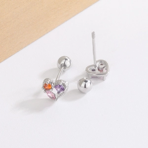 Exquisite silver heart studs with colored cubic zirconia and screw ball backs