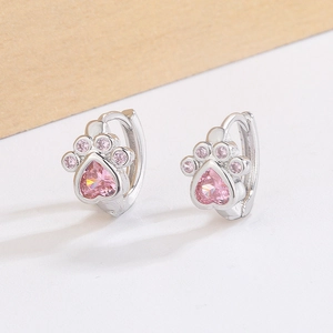 Cat Paw Hoop Earrings Heart Shaped Pink Zircon Sweet Animal Jewelry For Women Girls Plated Copper Base