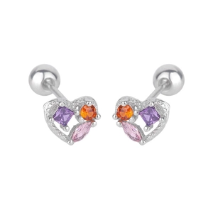 Exquisite heart-shaped stud earrings with colorful zircon stones and ball screw backs