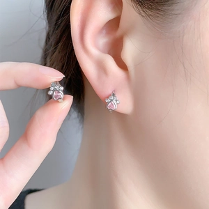 Cute silver cat paw hoop earrings with pink heart gemstone and sparkling cubic zirconia